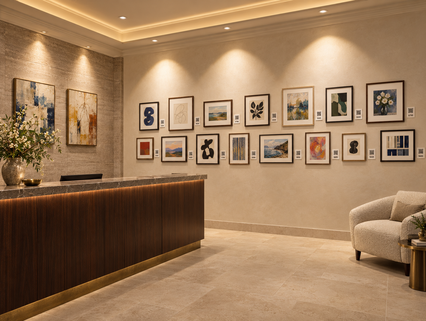 Framed artwork displayed in a hotel with scan code and price, available for guests to buy